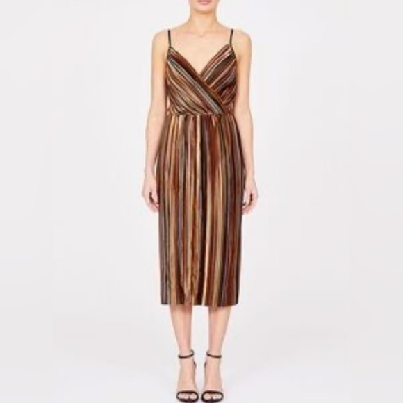 Amanda Uprichard Velvet Striped Multicolor V-Neck Spaghetti Strap Midi Dress- S - Picture 7 of 8